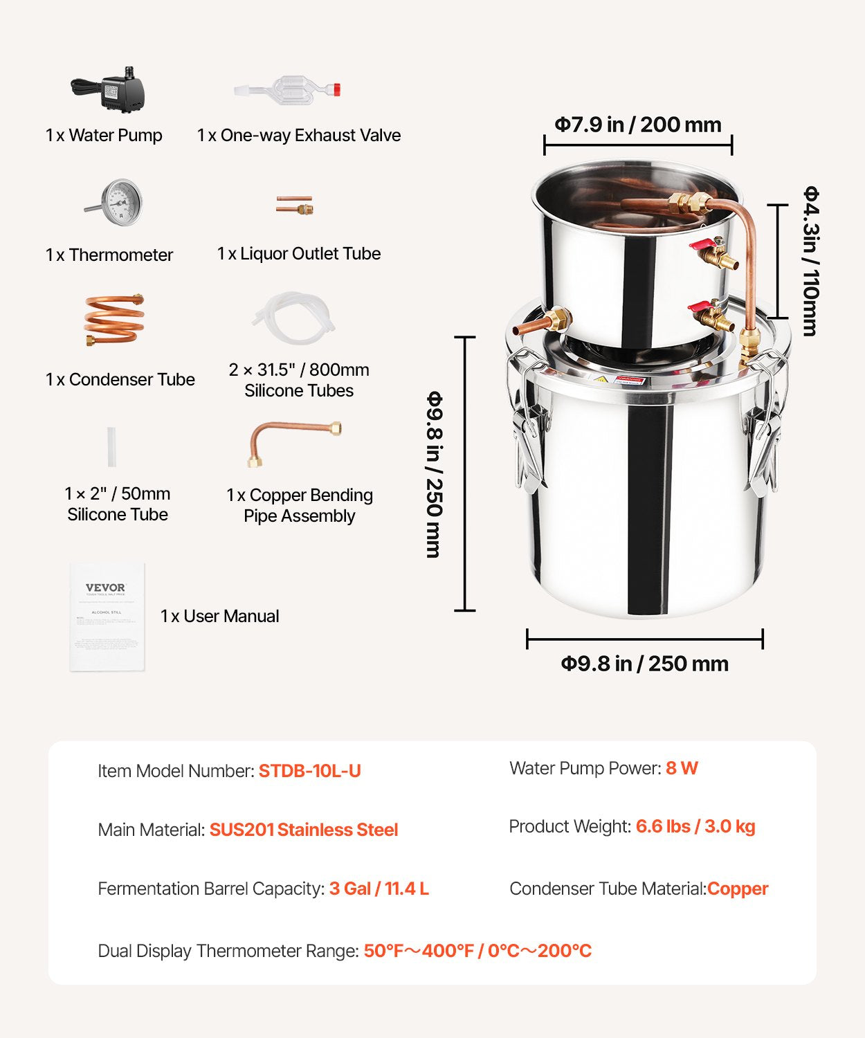 Alcohol Still, 3 Gal / 11.4 L Stainless Steel Water Alcohol Distiller with Copper Coil, Home Brewing Refining Fermentation Kit with Thermometer & Pump, for Wine Whisky Brandy, Silver