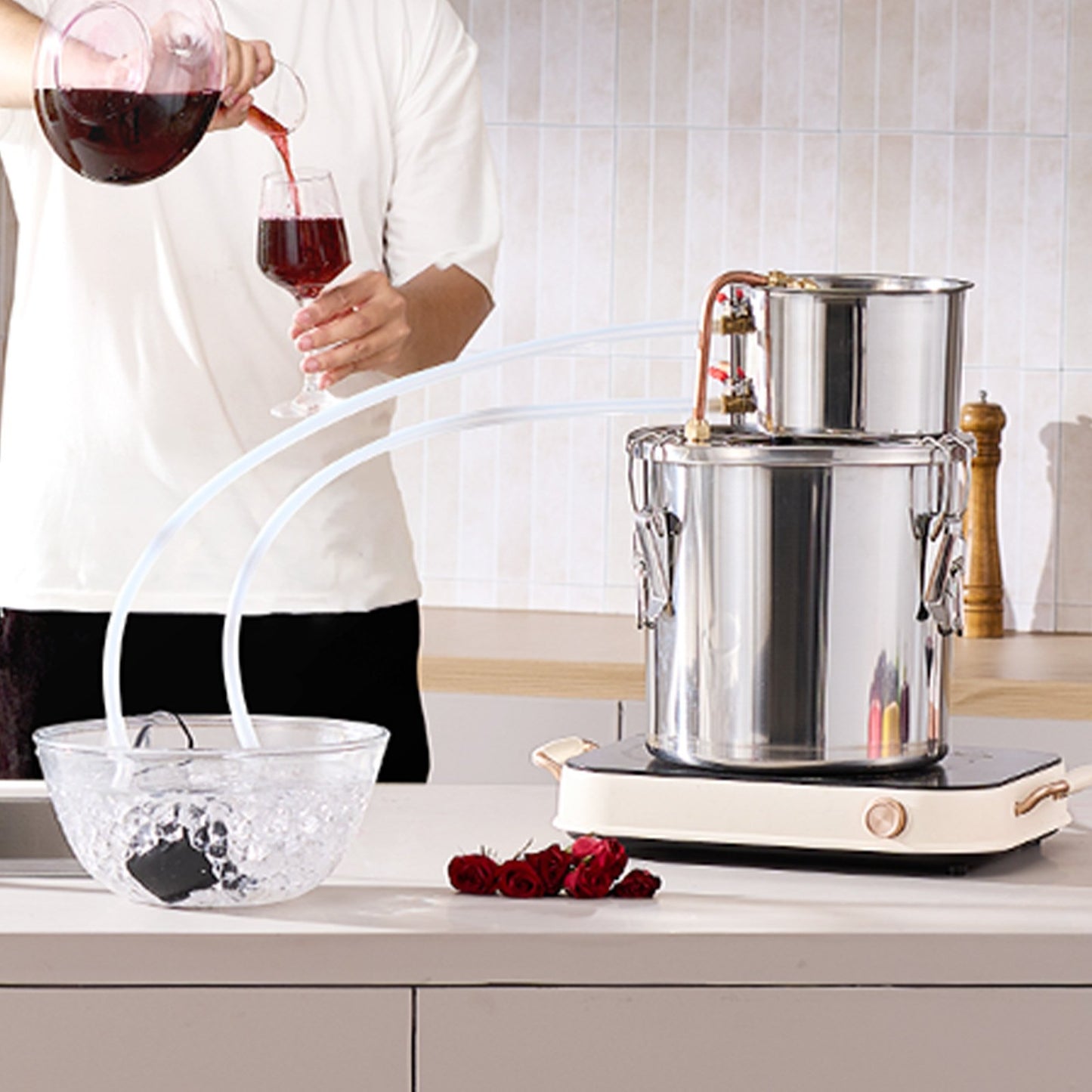 Alcohol Still, 3 Gal / 11.4 L Stainless Steel Water Alcohol Distiller with Copper Coil, Home Brewing Refining Fermentation Kit with Thermometer & Pump, for Wine Whisky Brandy, Silver