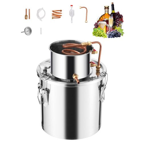 Alcohol Still, 5 Gal / 19 L Stainless Steel Water Alcohol Distiller with Copper Coil, Home Brewing Refining Fermentation Kit with Thermometer, for Wine Whisky Brandy, Silver