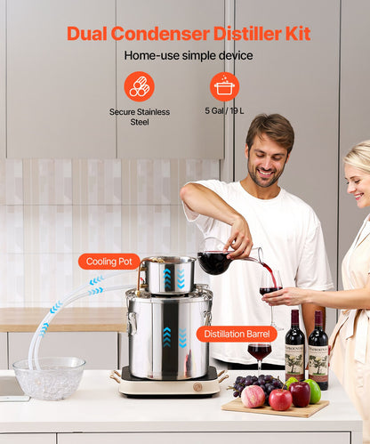 Alcohol Still, 5 Gal / 19 L Stainless Steel Water Alcohol Distiller with Copper Coil, Home Brewing Refining Fermentation Kit with Thermometer, for Wine Whisky Brandy, Silver