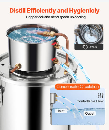Alcohol Still, 5 Gal / 19 L Stainless Steel Water Alcohol Distiller with Copper Coil, Home Brewing Refining Fermentation Kit with Thermometer, for Wine Whisky Brandy, Silver