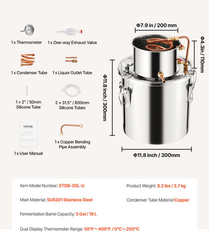 Alcohol Still, 5 Gal / 19 L Stainless Steel Water Alcohol Distiller with Copper Coil, Home Brewing Refining Fermentation Kit with Thermometer, for Wine Whisky Brandy, Silver
