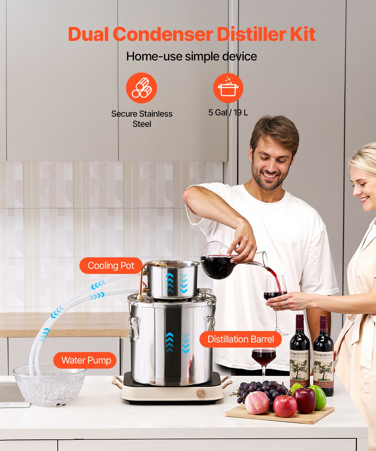 Alcohol Still, 5 Gal / 19 L Stainless Steel Water Alcohol Distiller with Copper Coil, Home Brewing Refining Fermentation Kit with Thermometer & Pump, for Wine Whisky Brandy, Silver