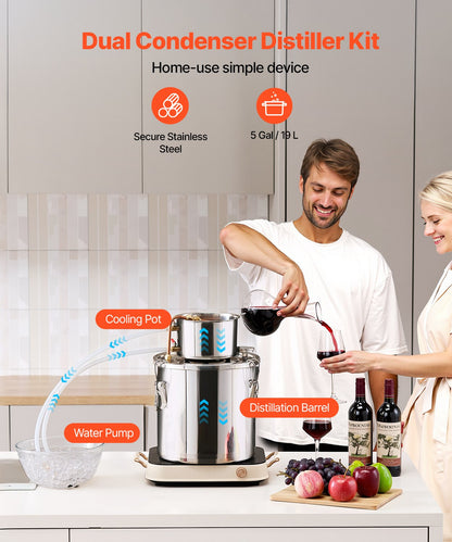 Alcohol Still, 5 Gal / 19 L Stainless Steel Water Alcohol Distiller with Copper Coil, Home Brewing Refining Fermentation Kit with Thermometer & Pump, for Wine Whisky Brandy, Silver