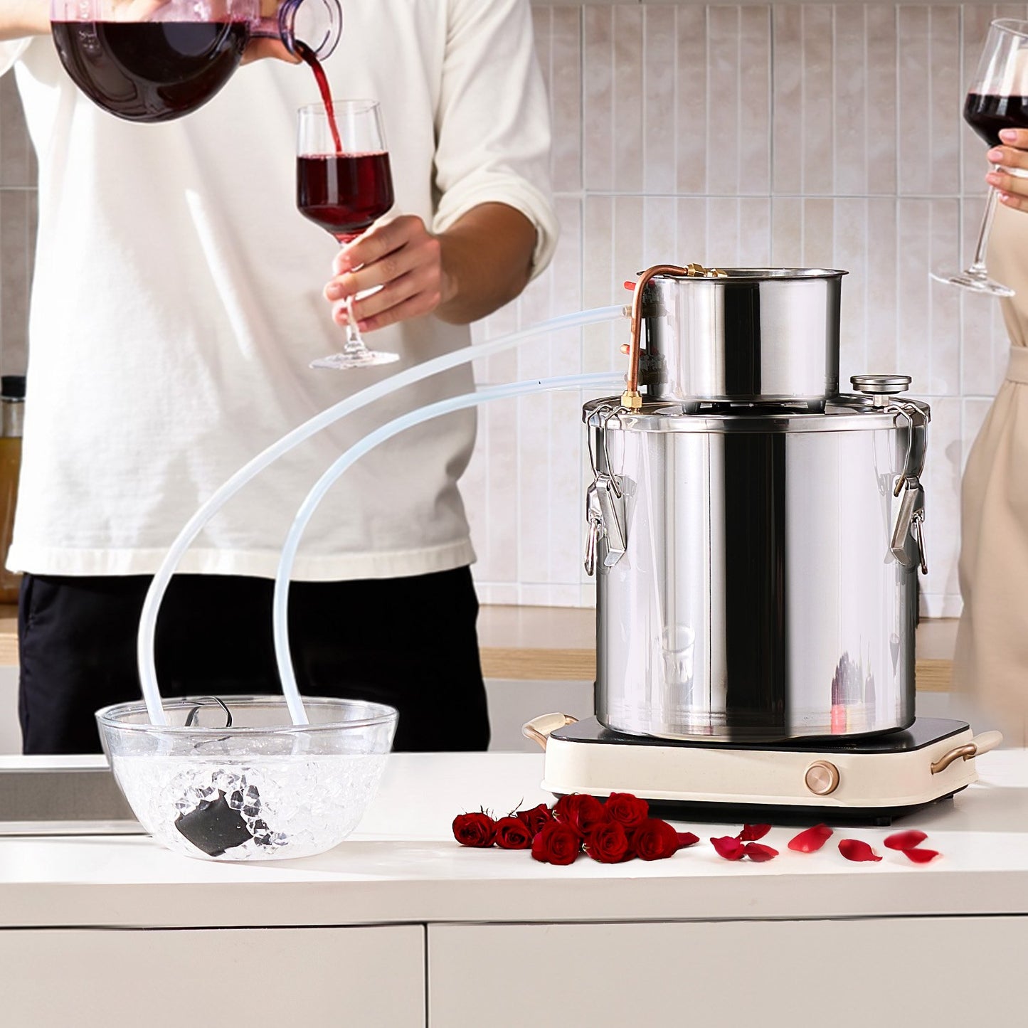 Alcohol Still, 5 Gal / 19 L Stainless Steel Water Alcohol Distiller with Copper Coil, Home Brewing Refining Fermentation Kit with Thermometer & Pump, for Wine Whisky Brandy, Silver