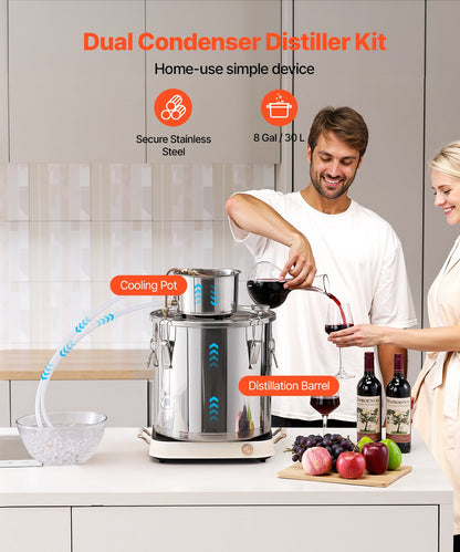 Alkoholdestillierapparat, 8 Gallonen / 30 Liter Edelstahl-Wasser-Alkohol-Destillierapparat mit Kupferspirale, Heimbrau- und Raffinierungsset mit Thermometer, für Wein, Whisky, Brandy, Silber
