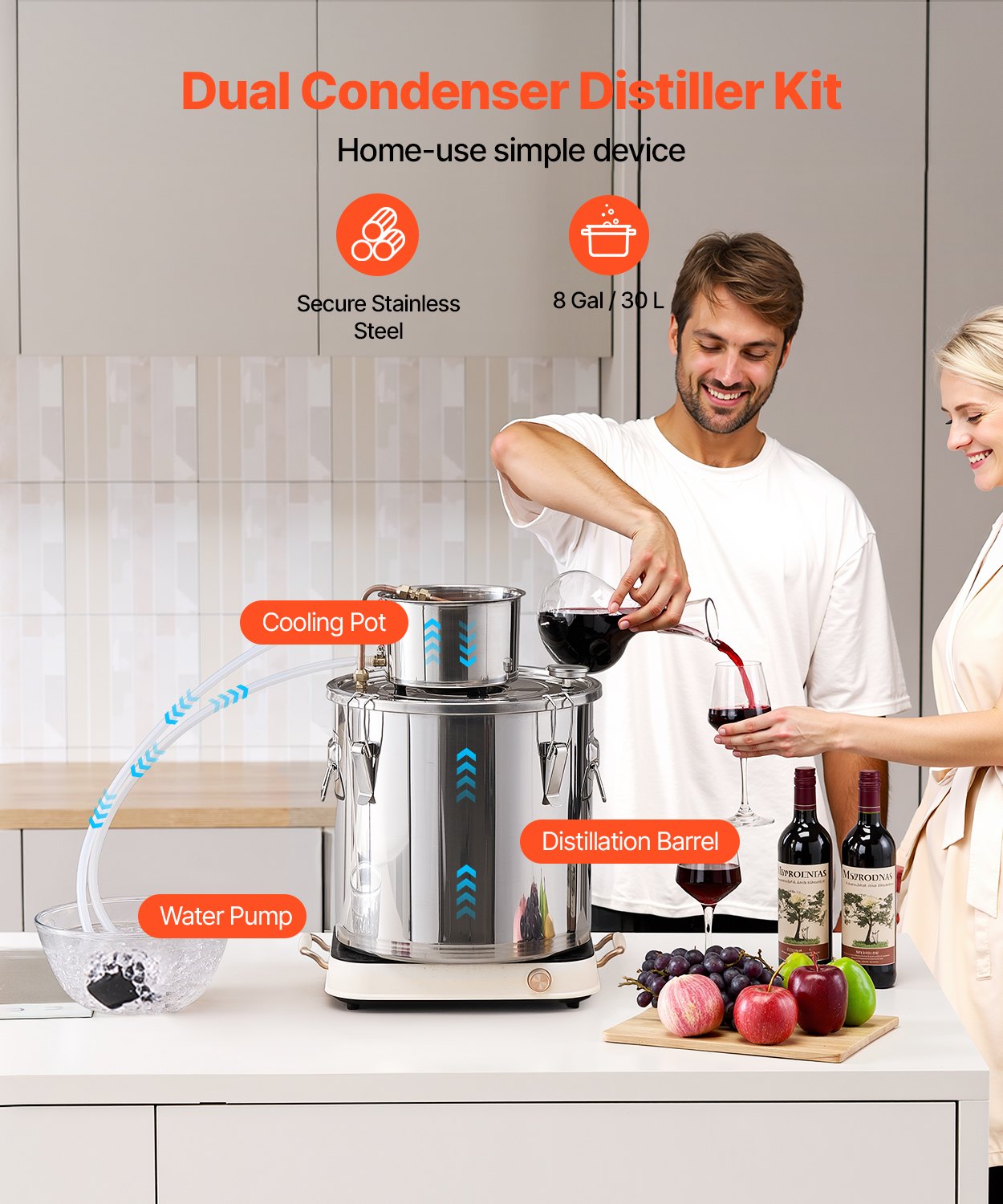 Alcohol Still, 8 Gal / 30 L Stainless Steel Water Alcohol Distiller with Copper Coil, Home Brewing Refining Fermentation Kit with Thermometer & Pump, for Wine Whisky Brandy, Silver