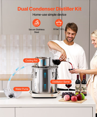 Alcohol Still, 8 Gal / 30 L Stainless Steel Water Alcohol Distiller with Copper Coil, Home Brewing Refining Fermentation Kit with Thermometer & Pump, for Wine Whisky Brandy, Silver