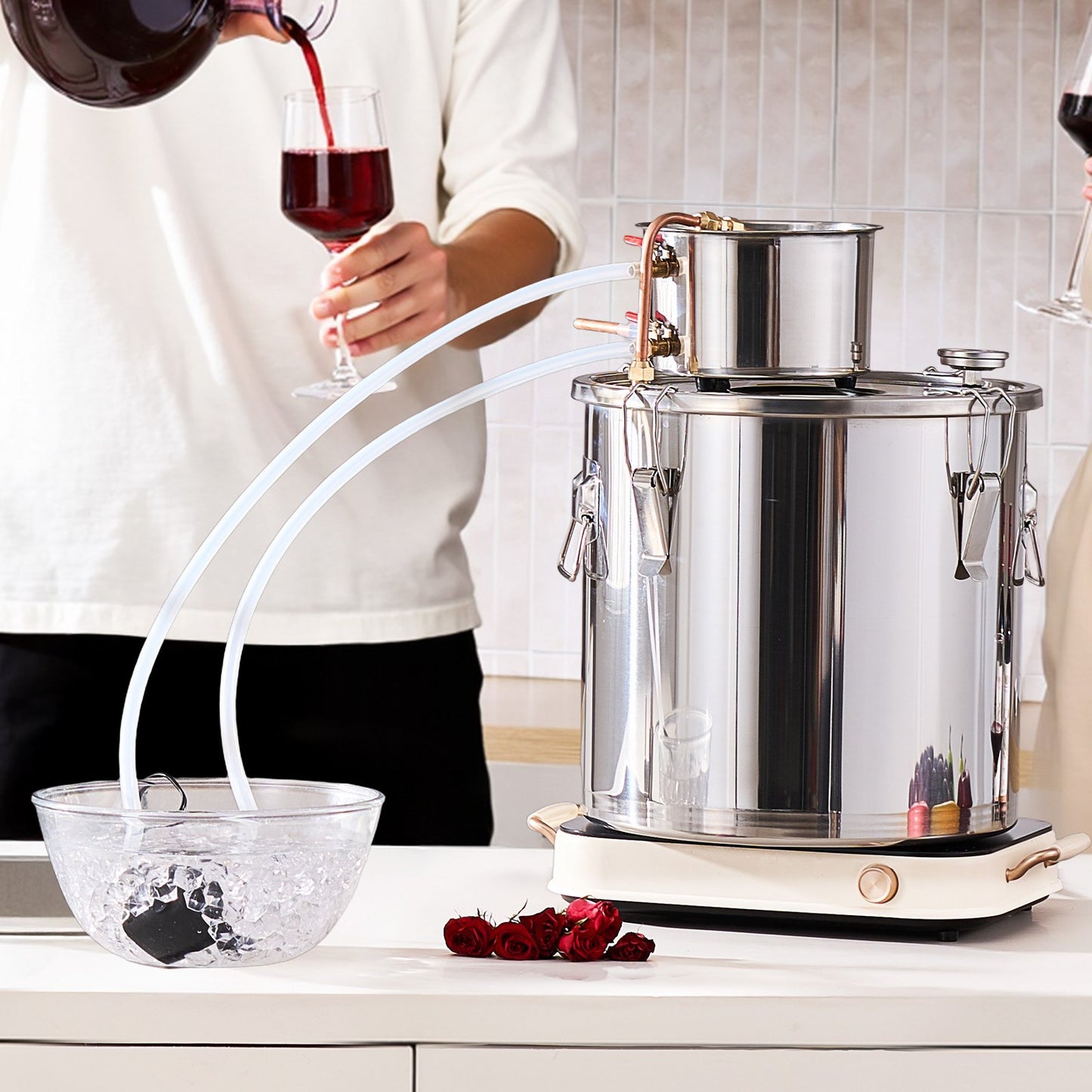 Alcohol Still, 8 Gal / 30 L Stainless Steel Water Alcohol Distiller with Copper Coil, Home Brewing Refining Fermentation Kit with Thermometer & Pump, for Wine Whisky Brandy, Silver