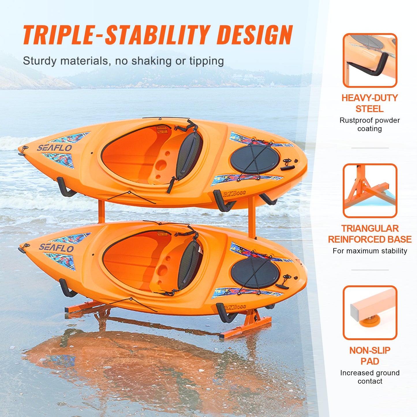 Freestanding Kayak Storage Rack, Kayak Stand for 4 Kayak Canoe Paddleboard, Heavy-duty Steel Kayak Hanger Holder with Padded Arms and Adjustable Width, 220LBS Max Load, for Indoor Outdoor Garage