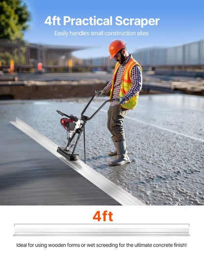 Concrete Power Screed, 4 ft Aluminum Board Straight Edge Bar Set, 4 Stroke Cement Finishing Vibrating Motor with Height Adjustable Handles, High Efficient Concrete Tool 6500RPM