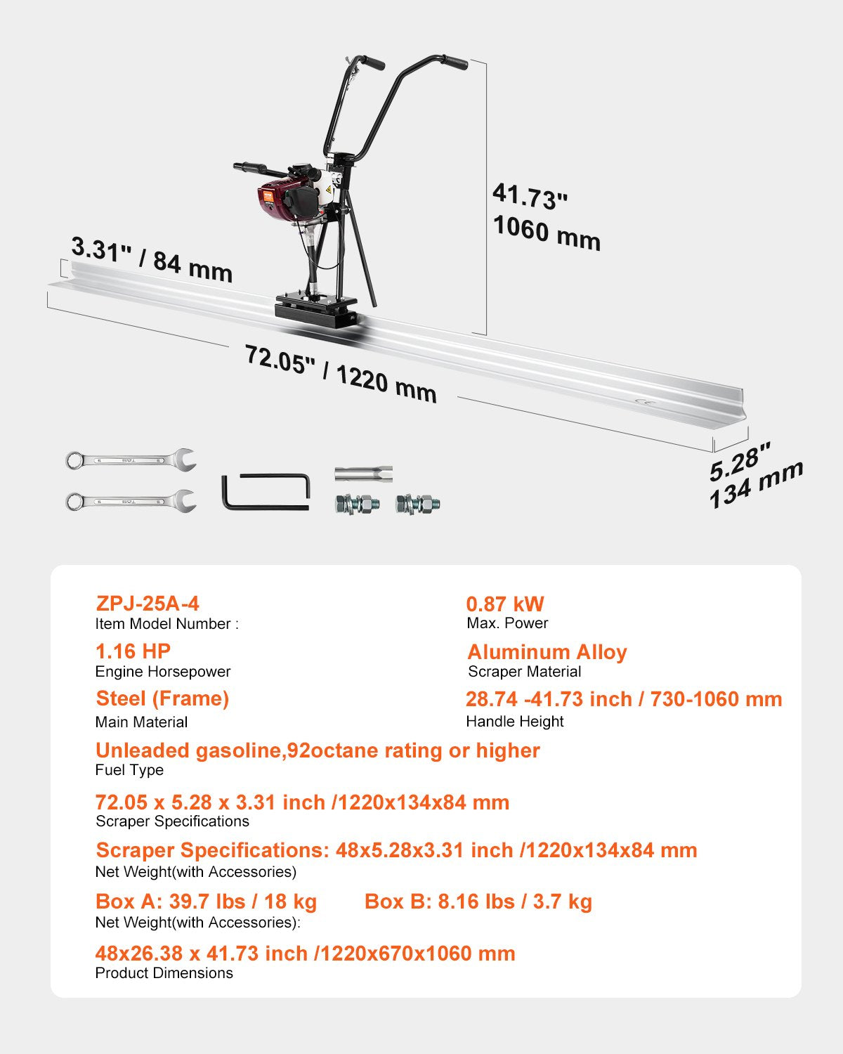 Concrete Power Screed, 4 ft Aluminum Board Straight Edge Bar Set, 4 Stroke Cement Finishing Vibrating Motor with Height Adjustable Handles, High Efficient Concrete Tool 6500RPM
