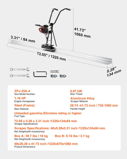 Concrete Power Screed, 4 ft Aluminum Board Straight Edge Bar Set, 4 Stroke Cement Finishing Vibrating Motor with Height Adjustable Handles, High Efficient Concrete Tool 6500RPM