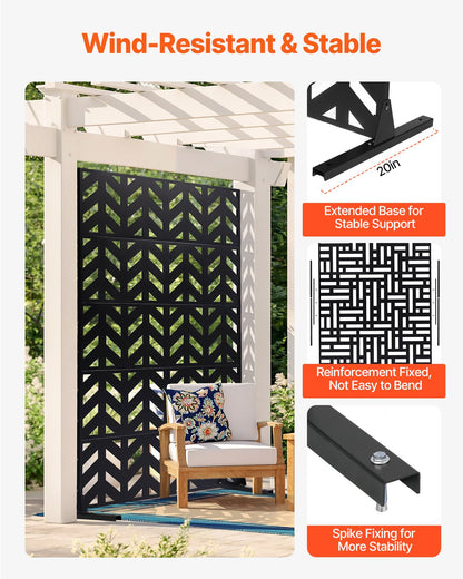 Sichtschutzwand aus Metall, 119 cm B x 183 cm H, 5-teilig, freistehend mit Ständer, dekorativer Garten-Sichtschutzzaun aus Stahl für Balkon, Terrasse und Innenräume, schwarz