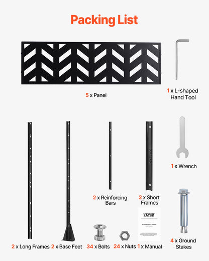 Sichtschutzwand aus Metall, 119 cm B x 183 cm H, 5-teilig, freistehend mit Ständer, dekorativer Garten-Sichtschutzzaun aus Stahl für Balkon, Terrasse und Innenräume, schwarz