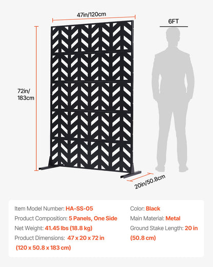 Sichtschutzwand aus Metall, 119 cm B x 183 cm H, 5-teilig, freistehend mit Ständer, dekorativer Garten-Sichtschutzzaun aus Stahl für Balkon, Terrasse und Innenräume, schwarz