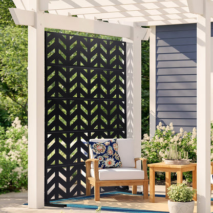 Sichtschutzwand aus Metall, 119 cm B x 183 cm H, 5-teilig, freistehend mit Ständer, dekorativer Garten-Sichtschutzzaun aus Stahl für Balkon, Terrasse und Innenräume, schwarz