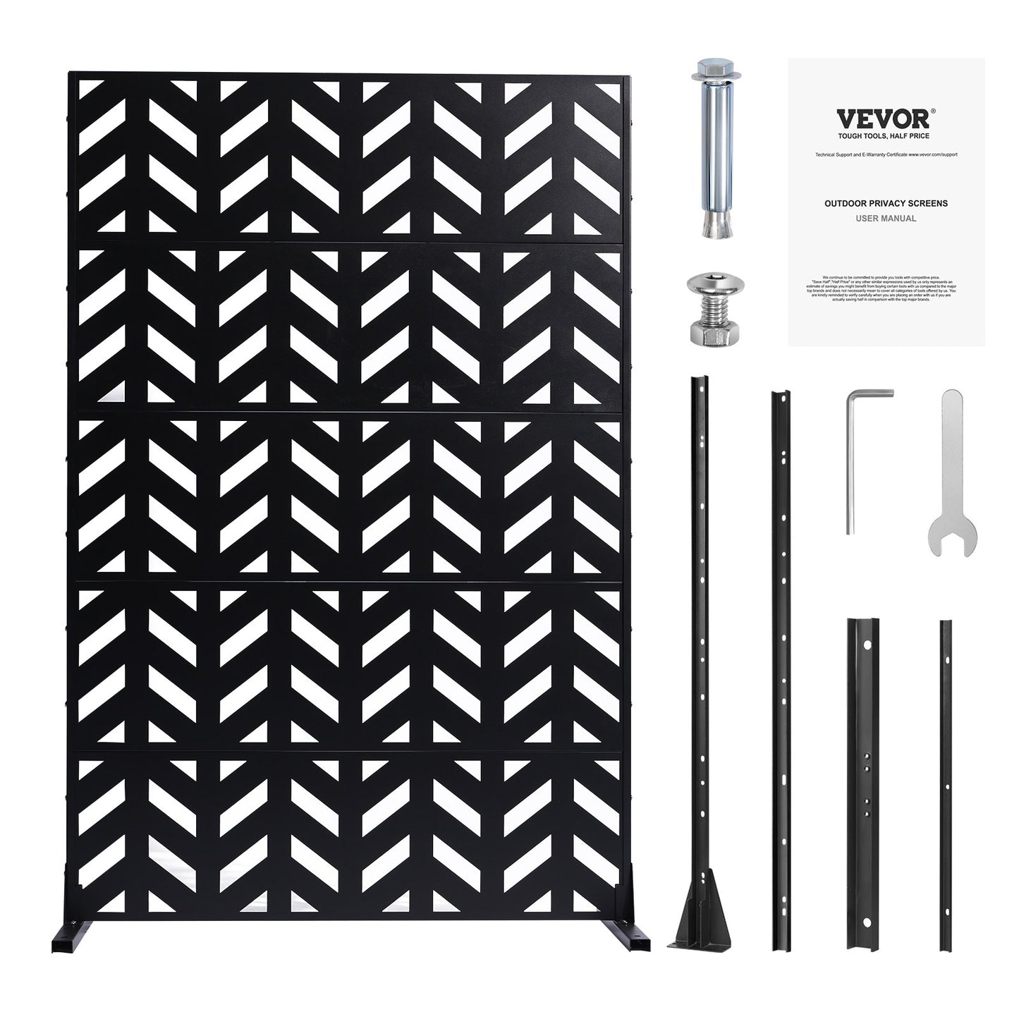 Sichtschutzwand aus Metall, 119 cm B x 183 cm H, 5-teilig, freistehend mit Ständer, dekorativer Garten-Sichtschutzzaun aus Stahl für Balkon, Terrasse und Innenräume, schwarz