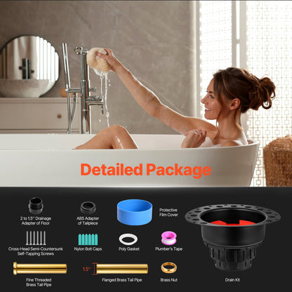 ABS Freestanding Tub Drain Kit, 2 Brass Tail Pipes, Bathtub Drain Rough-in Kit, with ABS Adapter of Tailpiece, Compatible with Freestanding Bathtubs, Floor Mounted Bathtubs and Island Bathtubs