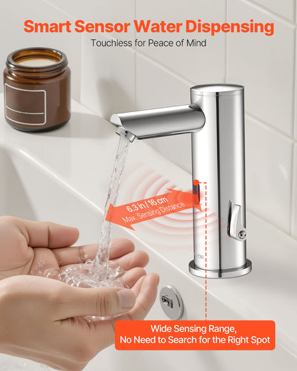 Touchless Bathroom Sink Faucet, Automatic Motion Sensor Restroom Toilet Faucet, Hands Free Adjustable Cold Hot Single Handle Water Mixer Battery Operated for 9.5 mm Pipe,Brushed Nickel Silver