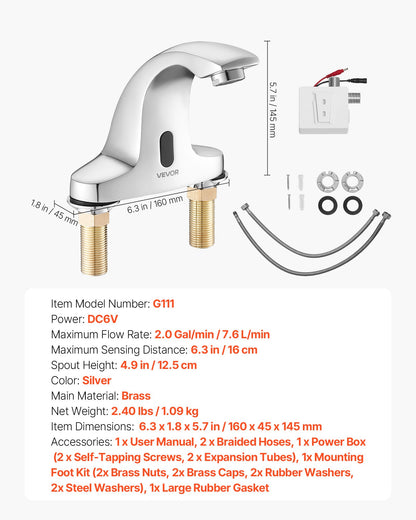 Touchless Bathroom Sink Faucet, Automatic Motion Sensor Restroom Toilet Faucet Cold Water with Hole Cover Plate, Battery Operated for 9.5 mm Pipe Commercial Lavatory,Chrome Plated Silver