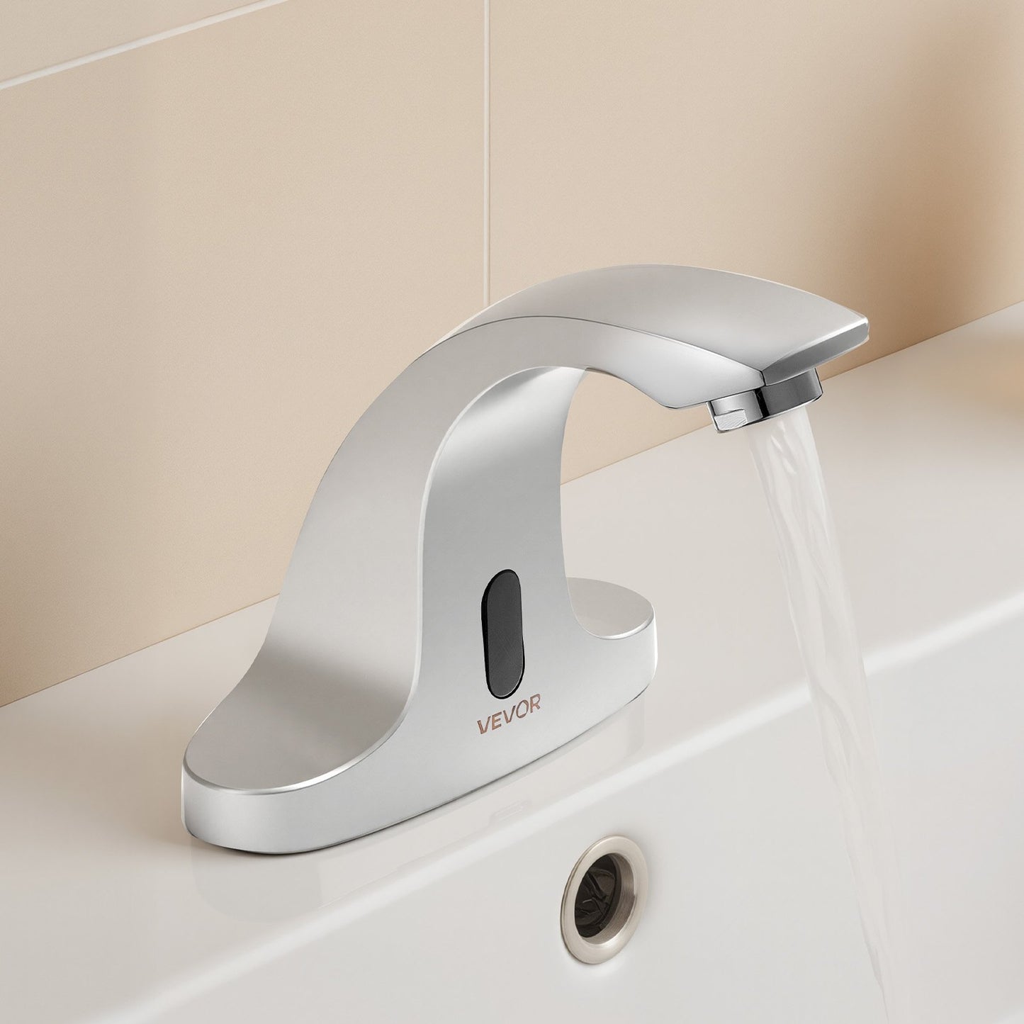 Touchless Bathroom Sink Faucet, Automatic Motion Sensor Restroom Toilet Faucet Cold Water with Hole Cover Plate, Battery Operated for 9.5 mm Pipe Commercial Lavatory,Chrome Plated Silver