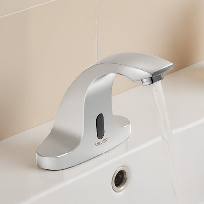 Touchless Bathroom Sink Faucet, Automatic Motion Sensor Restroom Toilet Faucet Cold Water with Hole Cover Plate, Battery Operated for 9.5 mm Pipe Commercial Lavatory,Chrome Plated Silver