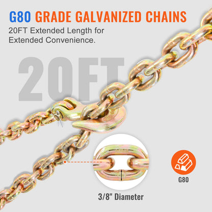Ratchet Chain Binder 2PCS, 3/8"-1/2" Heavy Duty Load Binders, with G80 Chains 12000 lbs Secure Load Limit, Labor-saving Anti-skid Handle, Tie Down Hauling Chain Binders for Flatbed Truck Trailer