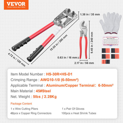 Crimpzange für Batteriekabelschuhe, 10-1/0 AWG mit Kabelschneider und 48 Kupferringklemmen, Crimpeinsatz für 6 Drahtgrößen und 100 Schrumpfschläuchen, für hochbelastbare Kabelschuhe