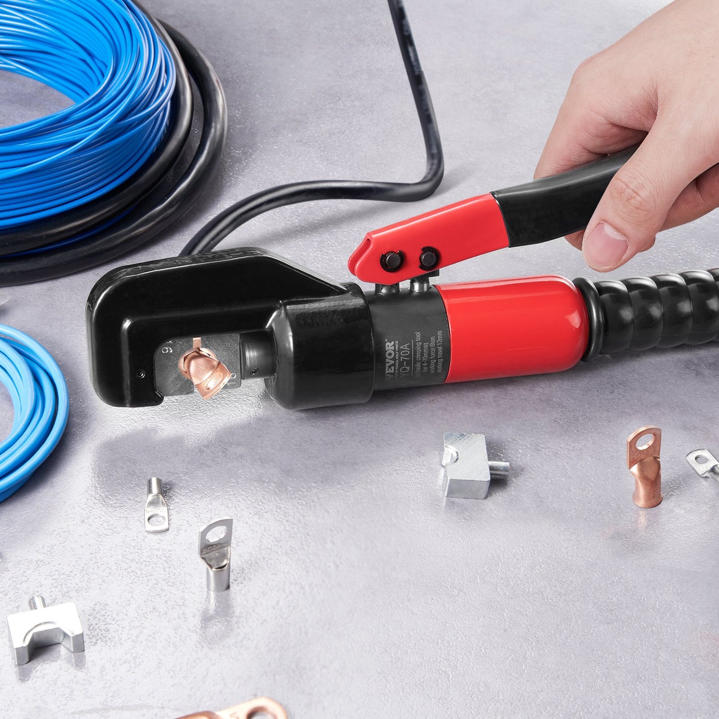Hydraulic Crimping Tool with 9 Sets of Dies AWG12-2/0 Copper And Aluminum Terminal Battery Lug Crimper, with a Cutting Pliers, Gloves, 5pcs Copper Ring Connectors, 8pcs Heat Shrink Sleeves