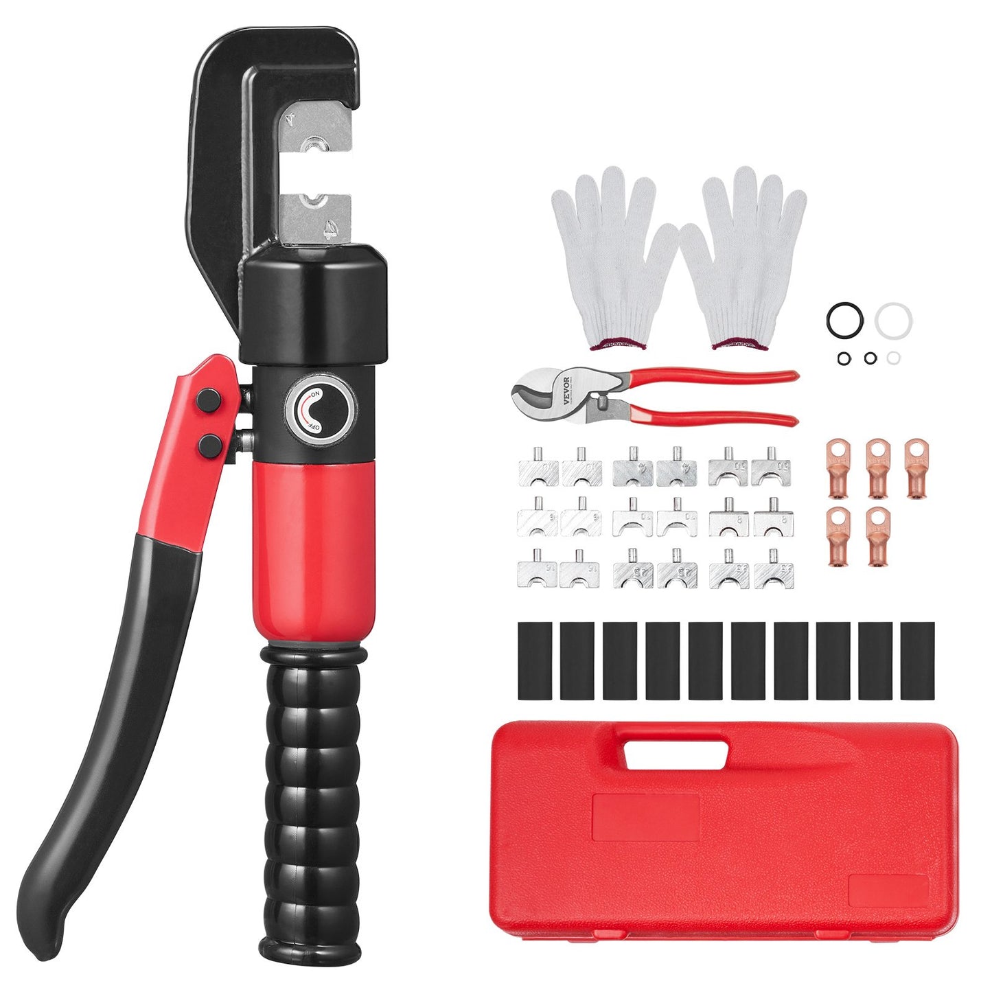 Hydraulic Crimping Tool with 9 Sets of Dies AWG12-2/0 Copper And Aluminum Terminal Battery Lug Crimper, with a Cutting Pliers, Gloves, 5pcs Copper Ring Connectors, 8pcs Heat Shrink Sleeves