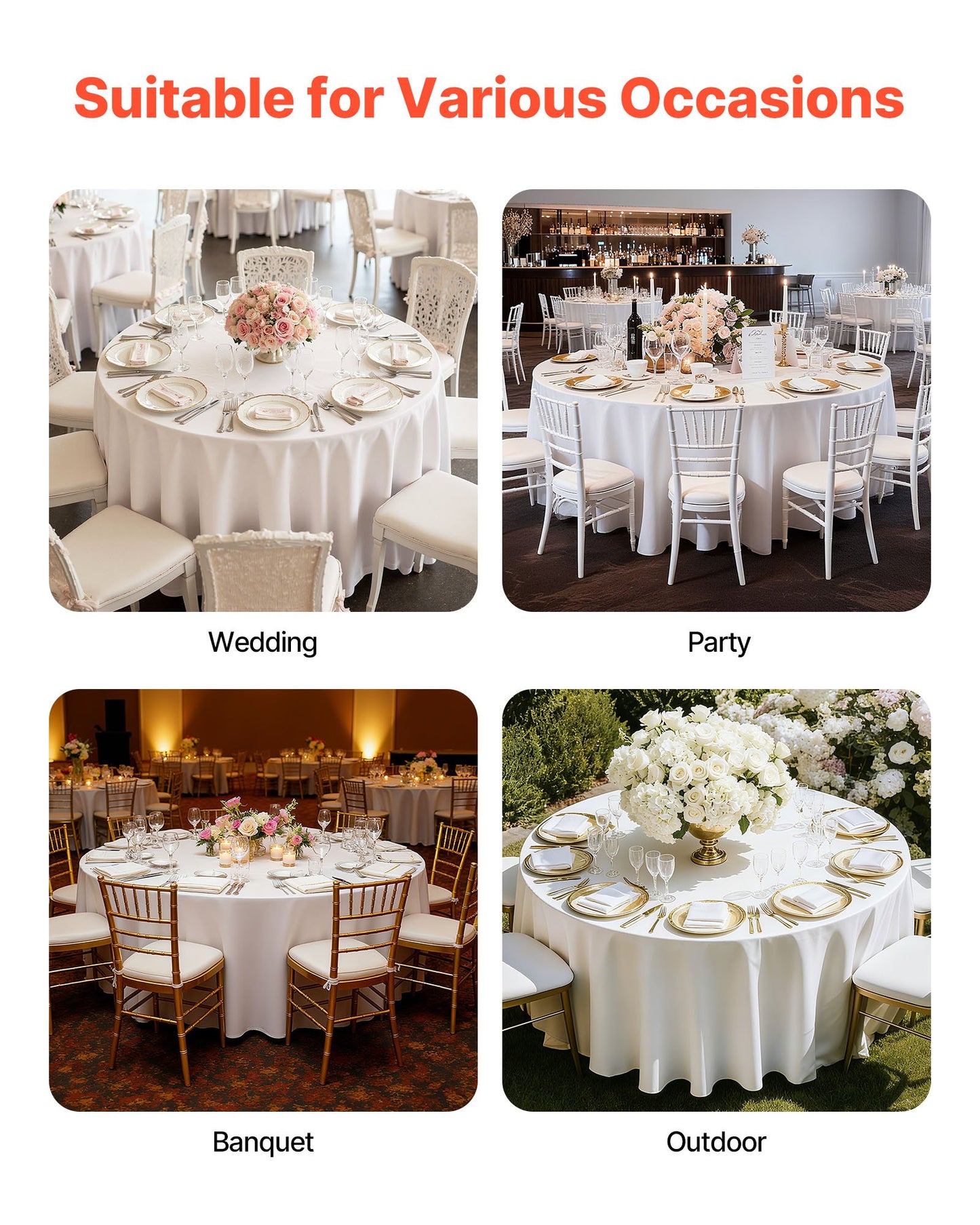 Weiße runde Tischdecken, 10er-Pack, 120 Zoll Durchmesser, flecken- und knitterabweisend, maschinenwaschbar, aus Polyestergewebe, für Hochzeiten, Partys, Bankette und festliche Anlässe