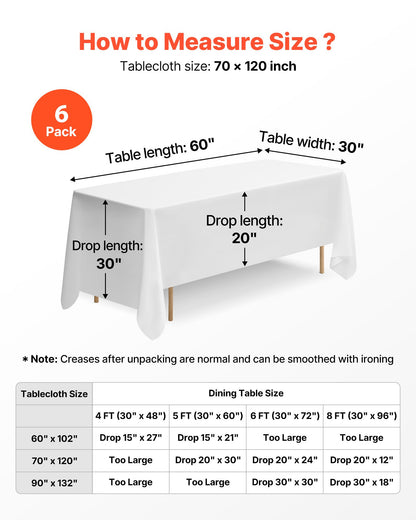 White Tablecloths for Rectangle Tables, 6 Pack, 70 x 120 Inches, Reusable and Machine Washable Table Clothes, Wrinkle-Resistant Polyester Fabric Table Covers for Wedding, Party, Banquet