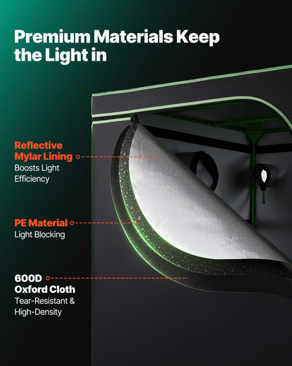 Indoor-Anbauzelt-Set, 150 x 150 x 200 cm, Pflanzenzelt mit Vollspektrum-LED-Pflanzenlampe und Belüftungssystem, 600D hochreflektierende Mylar-Folie, Anzuchtzelt für Blumen und Gemüse