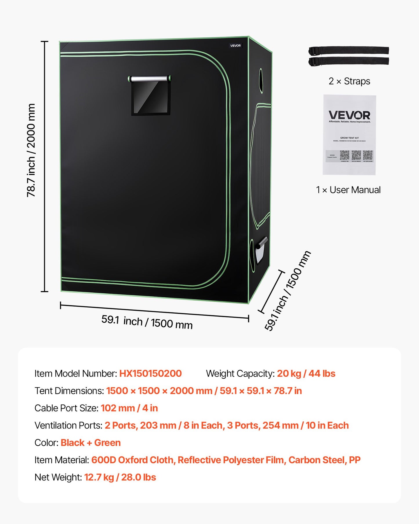 Indoor-Anbauzelt-Set, 150 x 150 x 200 cm, Pflanzenzelt mit Vollspektrum-LED-Pflanzenlampe und Belüftungssystem, 600D hochreflektierende Mylar-Folie, Anzuchtzelt für Blumen und Gemüse
