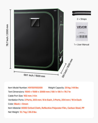 Indoor-Anbauzelt-Set, 150 x 150 x 200 cm, Pflanzenzelt mit Vollspektrum-LED-Pflanzenlampe und Belüftungssystem, 600D hochreflektierende Mylar-Folie, Anzuchtzelt für Blumen und Gemüse