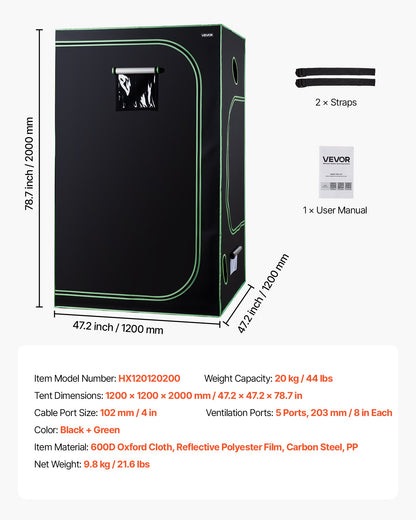 Indoor-Pflanzenzelt, 120 x 120 x 200 cm, 600D hochreflektierende Mylar-Folie, mit Sichtfenster, Bodenwanne und Reißverschluss, robustes Anzuchtzelt für Obst, Blumen und Gemüse