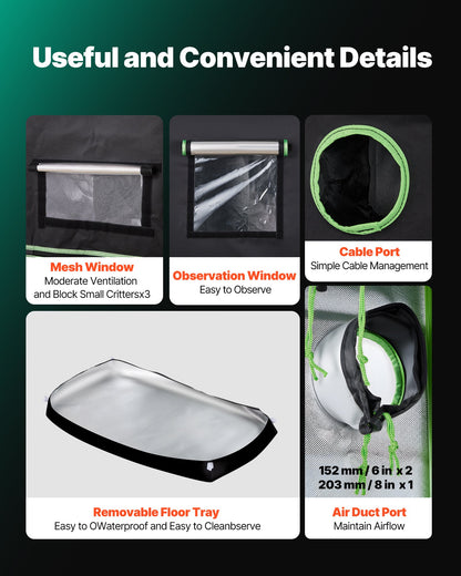 Indoor-Anbauzelt, 120 x 60 x 180 cm, 600D hochreflektierende Mylar-Folie, Pflanzenzelt mit Sichtfenster, Bodenwanne und Reißverschluss, robustes Anzuchtzelt für Obst, Blumen und Gemüse