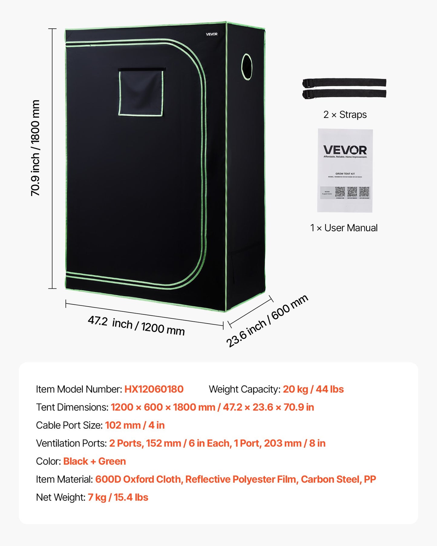 Indoor-Anbauzelt, 120 x 60 x 180 cm, 600D hochreflektierende Mylar-Folie, Pflanzenzelt mit Sichtfenster, Bodenwanne und Reißverschluss, robustes Anzuchtzelt für Obst, Blumen und Gemüse