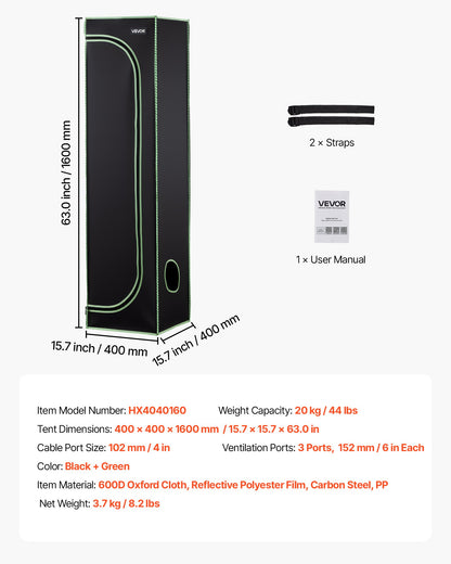 Indoor-Pflanzenzelt, 40 x 40 x 160 cm, 600D hochreflektierende Mylar-Folie, mit Sichtfenster, Bodenwanne und Reißverschluss, robustes Anzuchtzelt für Obst, Blumen und Gemüse