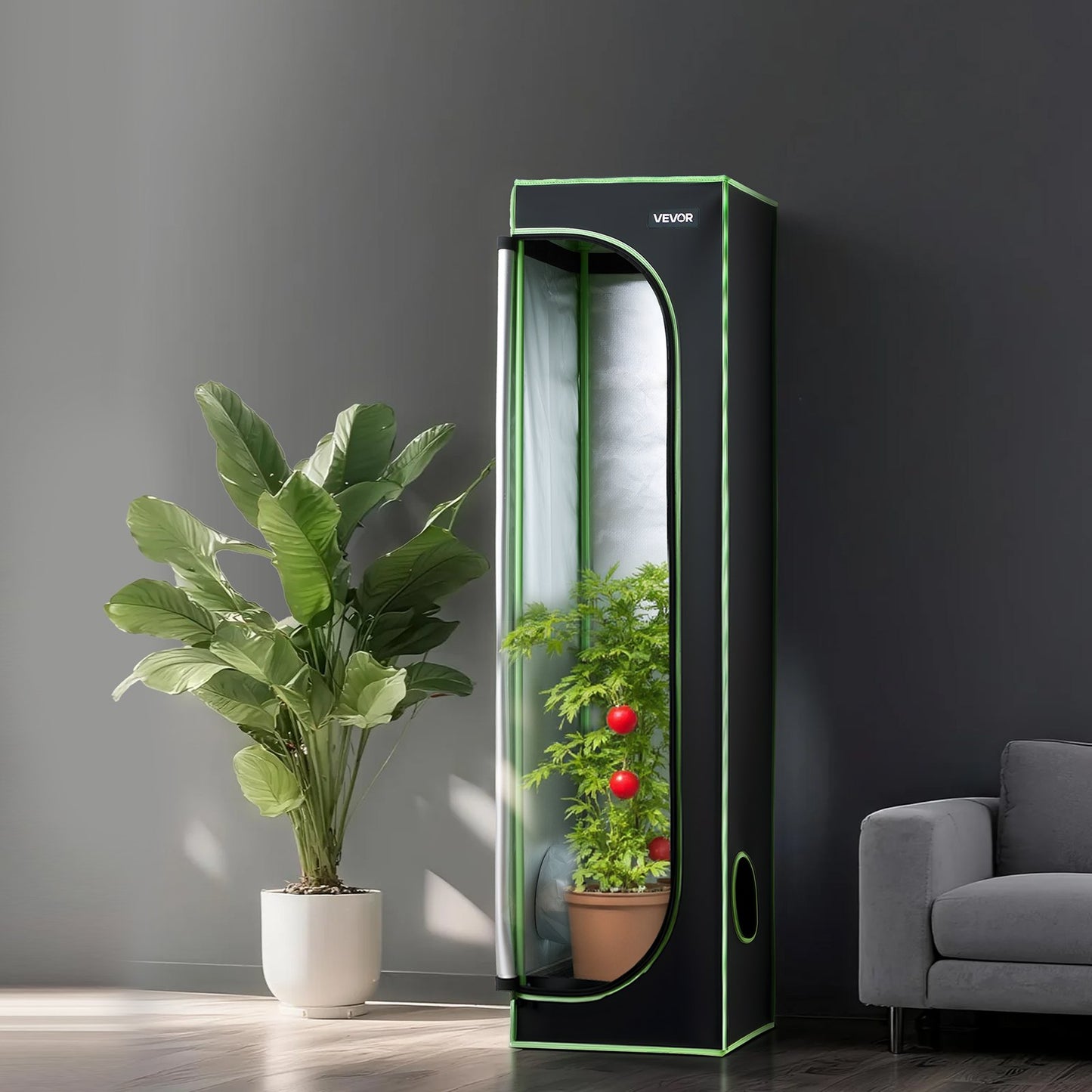 Indoor-Pflanzenzelt, 40 x 40 x 160 cm, 600D hochreflektierende Mylar-Folie, mit Sichtfenster, Bodenwanne und Reißverschluss, robustes Anzuchtzelt für Obst, Blumen und Gemüse