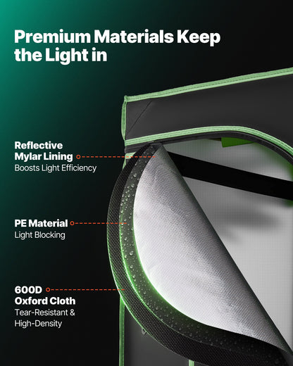 Indoor-Anbauzelt, 60 x 60 x 180 cm, 600D hochreflektierende Mylar-Folie, Pflanzenzelt mit Sichtfenster, Bodenwanne und Reißverschluss, robustes Anzuchtzelt für Obst, Blumen und Gemüse