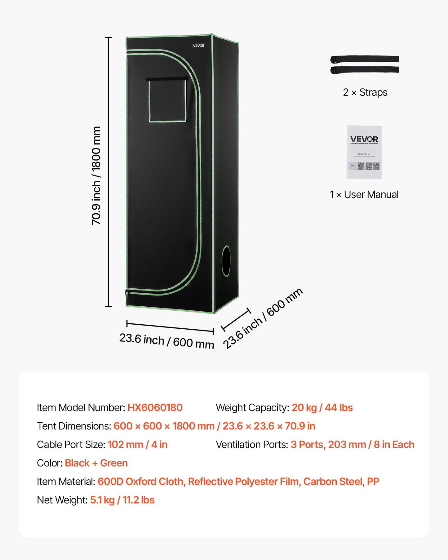 Indoor-Anbauzelt, 60 x 60 x 180 cm, 600D hochreflektierende Mylar-Folie, Pflanzenzelt mit Sichtfenster, Bodenwanne und Reißverschluss, robustes Anzuchtzelt für Obst, Blumen und Gemüse