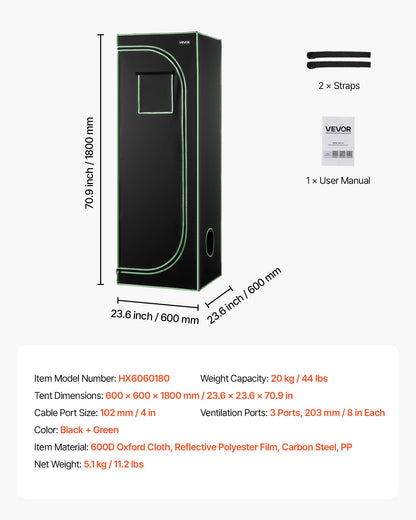 Indoor-Anbauzelt, 60 x 60 x 180 cm, 600D hochreflektierende Mylar-Folie, Pflanzenzelt mit Sichtfenster, Bodenwanne und Reißverschluss, robustes Anzuchtzelt für Obst, Blumen und Gemüse
