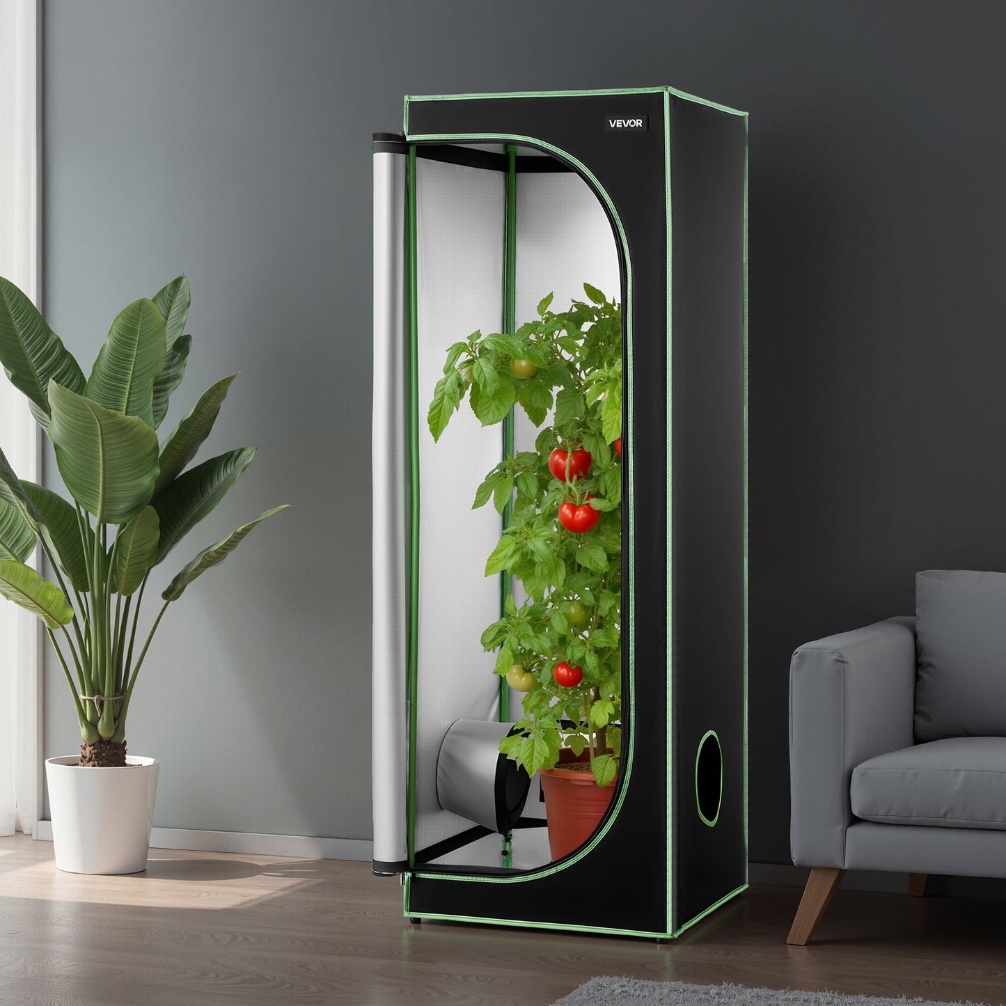 Indoor-Anbauzelt, 60 x 60 x 180 cm, 600D hochreflektierende Mylar-Folie, Pflanzenzelt mit Sichtfenster, Bodenwanne und Reißverschluss, robustes Anzuchtzelt für Obst, Blumen und Gemüse