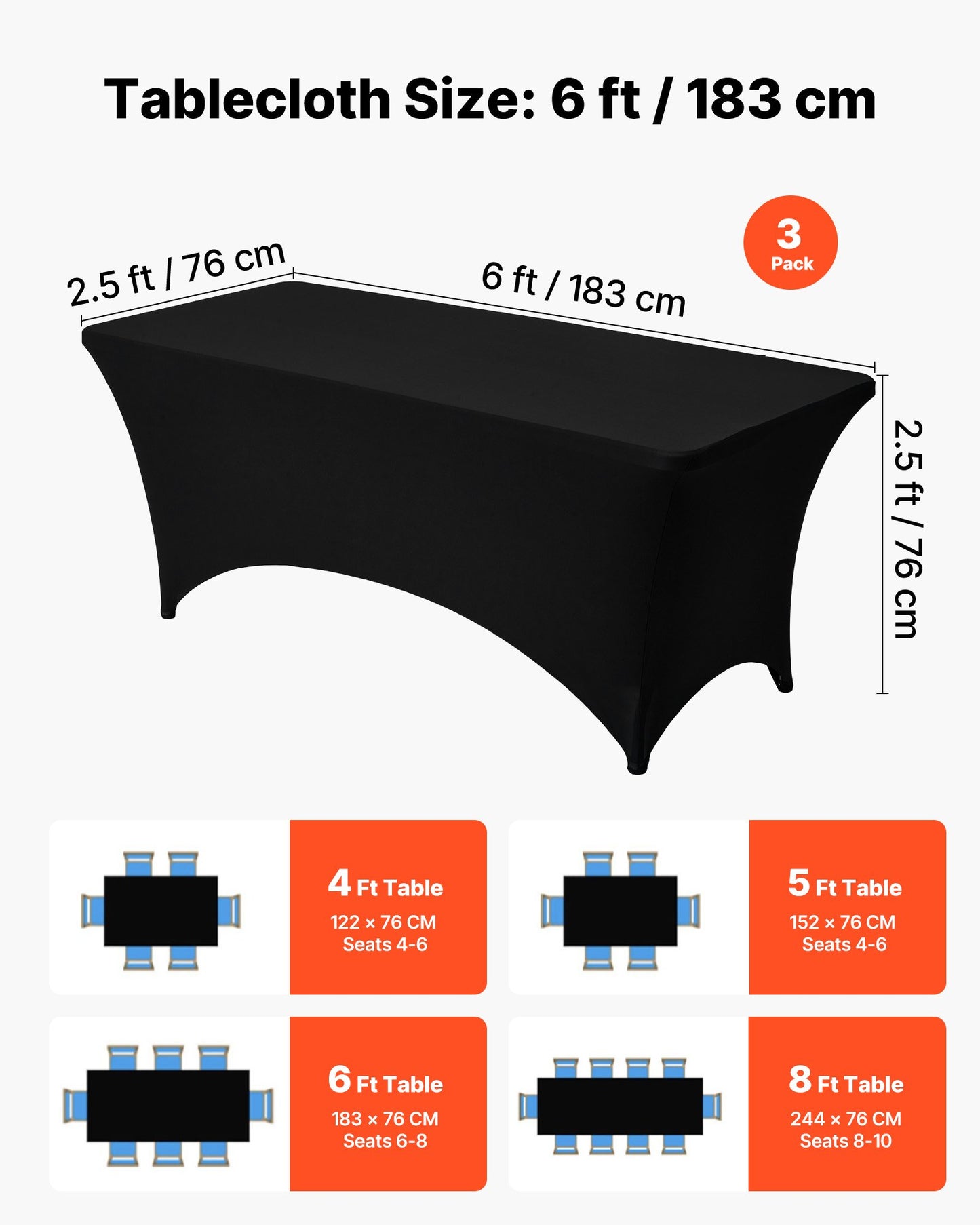 3er-Pack Tischdecken für rechteckige Tische (183 cm), knitterfrei, dehnbar, schwarz, waschbar, aus Spandex, für Partys, Hochzeiten, Cocktailpartys, Bankette und Festivals