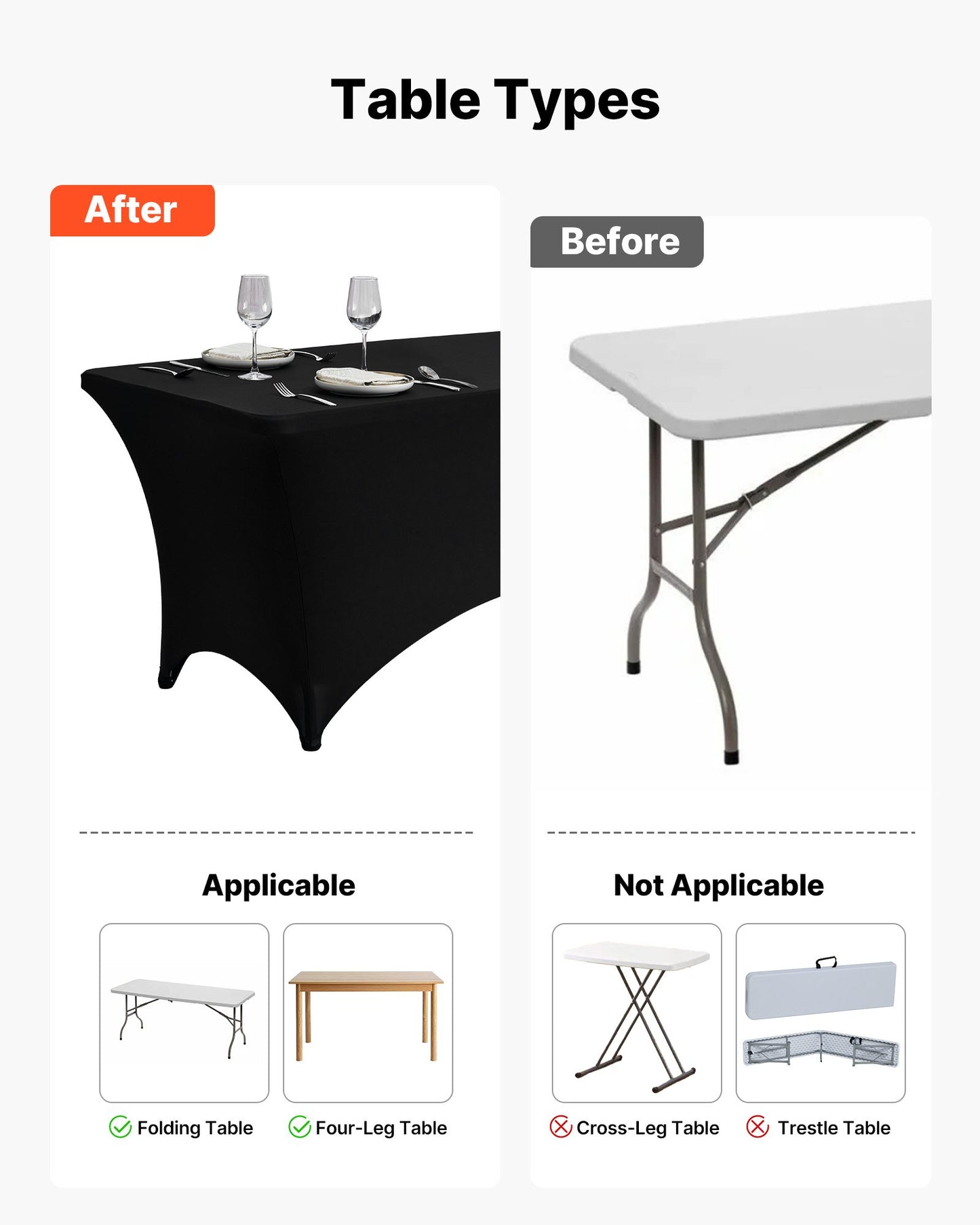 6er-Pack Tischdecken für rechteckige Tische (183 cm), knitterfrei, dehnbar, schwarz, waschbar, aus Spandex, für Partys, Hochzeiten, Cocktailpartys, Bankette und Festivals