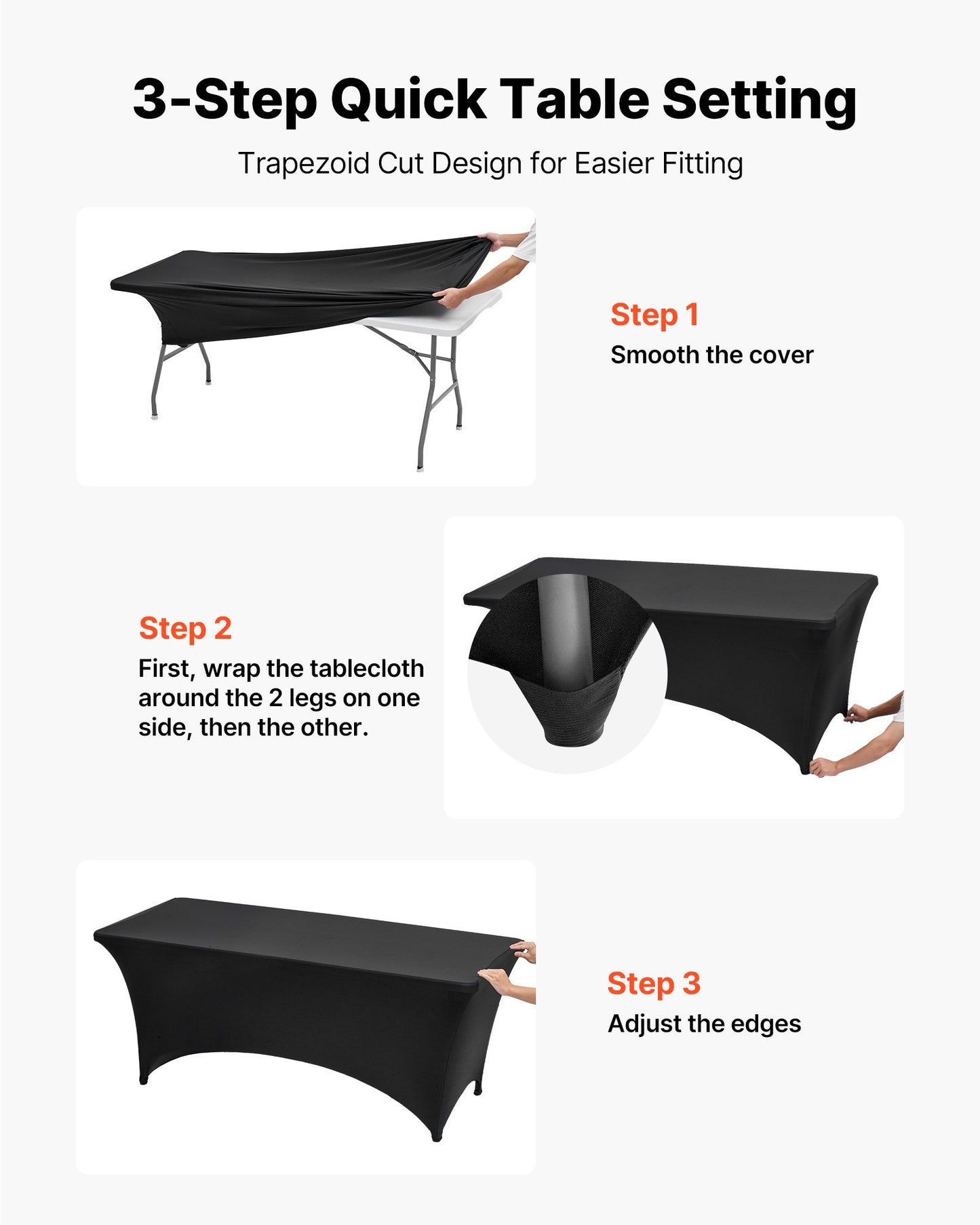 6er-Pack Tischdecken für rechteckige Tische (183 cm), knitterfrei, dehnbar, schwarz, waschbar, aus Spandex, für Partys, Hochzeiten, Cocktailpartys, Bankette und Festivals