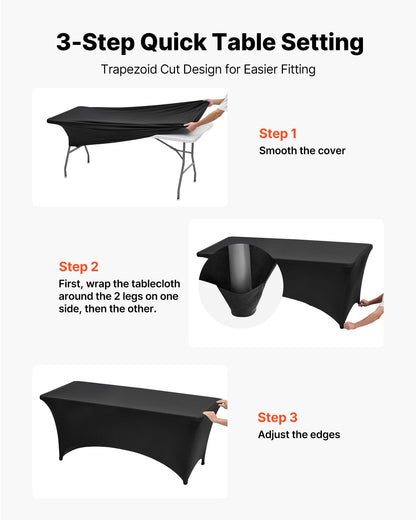 6er-Pack Tischdecken für rechteckige Tische (183 cm), knitterfrei, dehnbar, schwarz, waschbar, aus Spandex, für Partys, Hochzeiten, Cocktailpartys, Bankette und Festivals