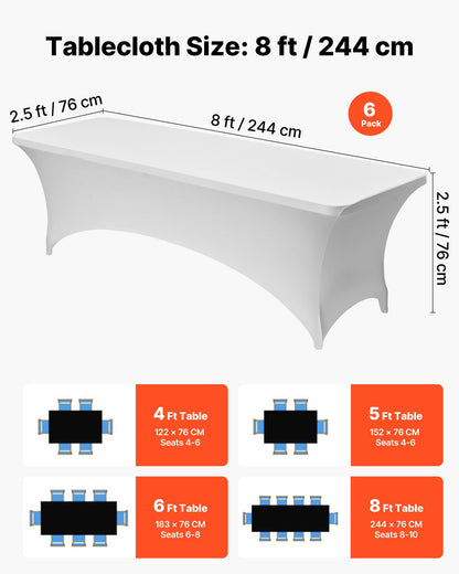 6er-Pack Tischdecken für 2,4 m lange rechteckige Tische, knitterfrei, dehnbar, weiß, waschbarer Spandex-Tischdeckenschutz, für Partys, Hochzeiten, Cocktails, Bankette und Festivals